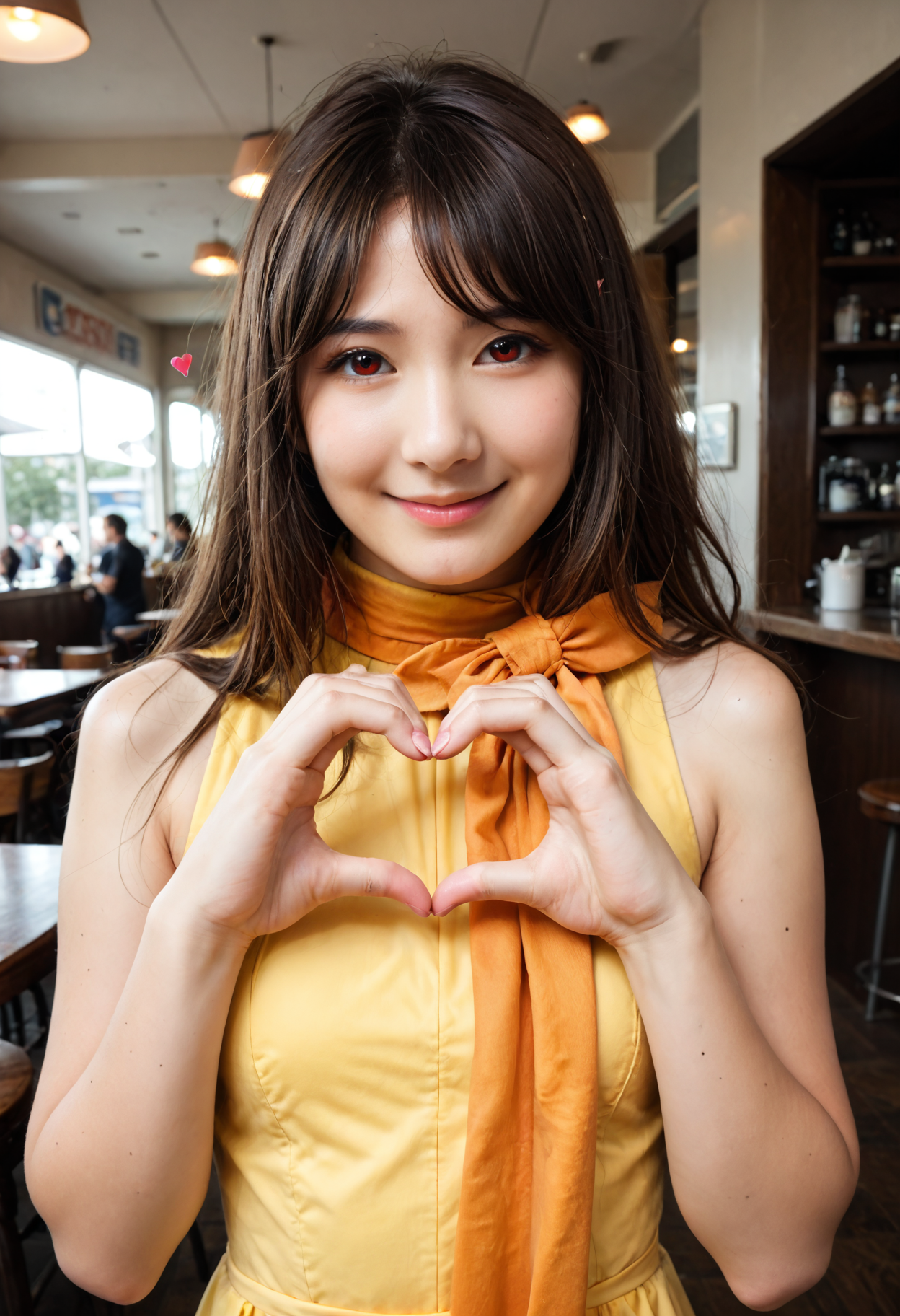 score_9, score_8_up, score_7_up, 1girl, solo, re1kam1shima, cute, cosplay photo, asian, brown hair, red eyes, long hair, cafe, (heart hands:1.3), looking at viewer, upper body, yellow dress, sleeveless dress, long dress, scarf bow, orange scarf, turtleneck dress, long scarf, parted bangs, long sidelocks, <lora:Reika_Mishima_Pony_v2:1.0> , smile, Raw Photo, Realistic skin:1.4, photo realistic:1.4, petite,