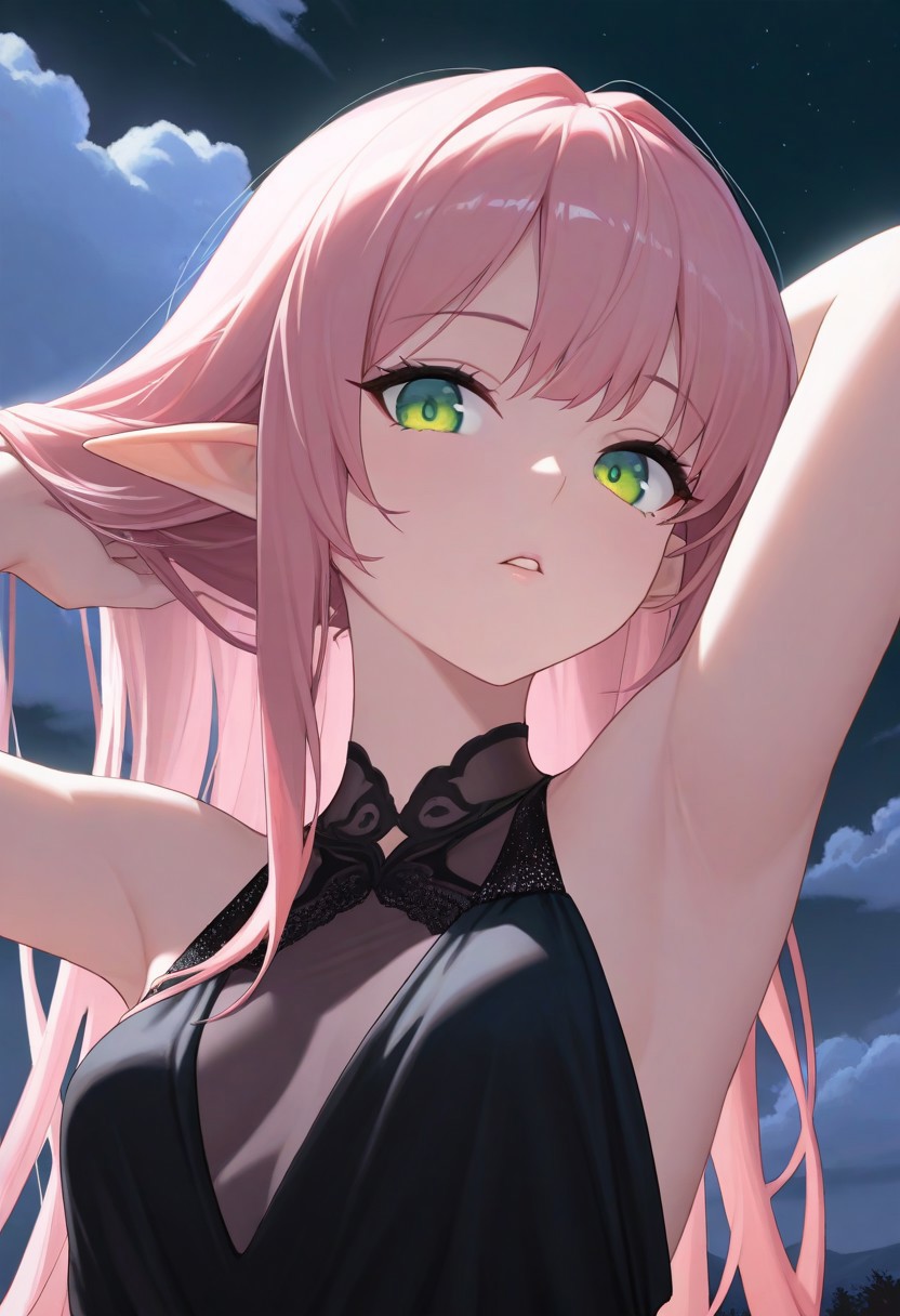 1girl, elf, sky, pink hair, long hair, small breasts, masterpiece, green eyes, parted lips, looking at viewer, sexy black evening dress, outdoors, night, portrait, arms behind head, adjusting hair, cloud, volumetric lighting,
