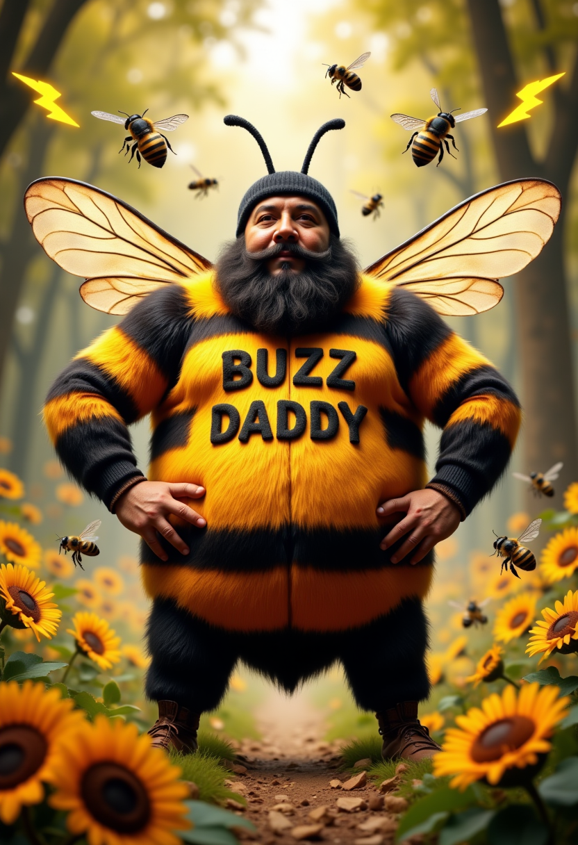 Painting, A fat bee with a black beard wearing a bee costume with wings standing with hands on hips, on his chest are the words in large fonts "BUZZ DADDY",little baby bees flying all around holding yellow lightning bolts,  epic, vibrant, garden bokeh background, 8k