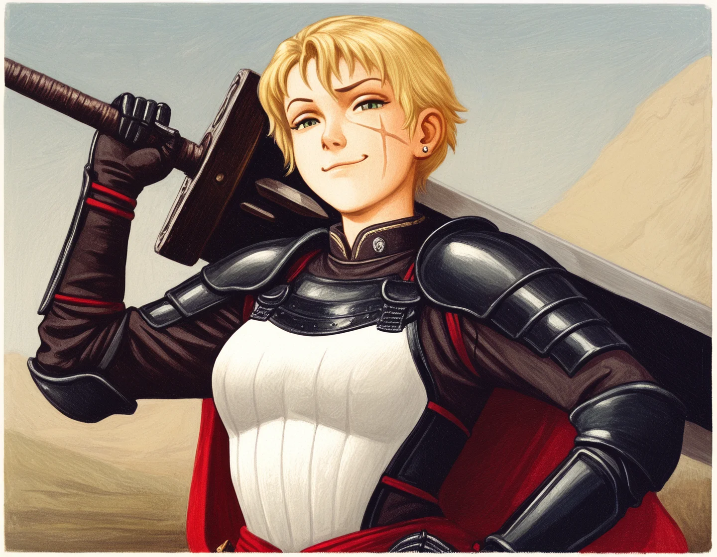 1girl, two-tone-armor, black-armor, white-armor, smug, posing, holding-weapon, oversized-sword, short-hair, blonde-hair, green-eyes, scar-on-face, piercing, by thoma, masterpiece, best quality, absurdres, highres, traditional-media