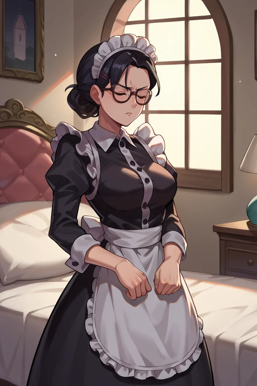 score_9, score_8_up, score_7_up, score_6_up, source_anime, BREAK 1girl, solo <lora:mspauling-pdxl-nvwls-v1-000008:0.9> mspauling, black hair, glasses, medium breasts, maid headdress, maid dress, apron, black dress, frills, closed eyes, annoyed, bedroom, mansion