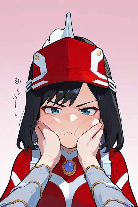 score_9, score_8_up, score_7_up, score_6_up, source_anime BREAK 1girl, <lora:kodaiyui-pdxl-nvwls-v1-000005:1> kodaiyui, black hair, red visor cap, red and white bodysuit, grey sleeves, <lora:POVCheekSquash_XLPD:1> cheek squash, hands on another's face, hands on another's cheeks, solo focus, pov hand, annoyed