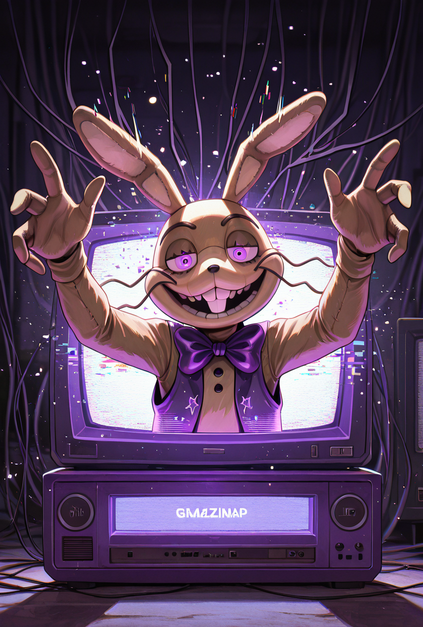 <lora:glitchtrap-04:1> glitchtrap, smile, purple bowtie, purple vest, , furry, 1boy, rabbit ears, dynamic pose, glitch effects, glitch particles  , coming out of tv, crt tv, tv screen,, masterpiece, best quality, amazing quality, very aesthetic, absurdres, newest,