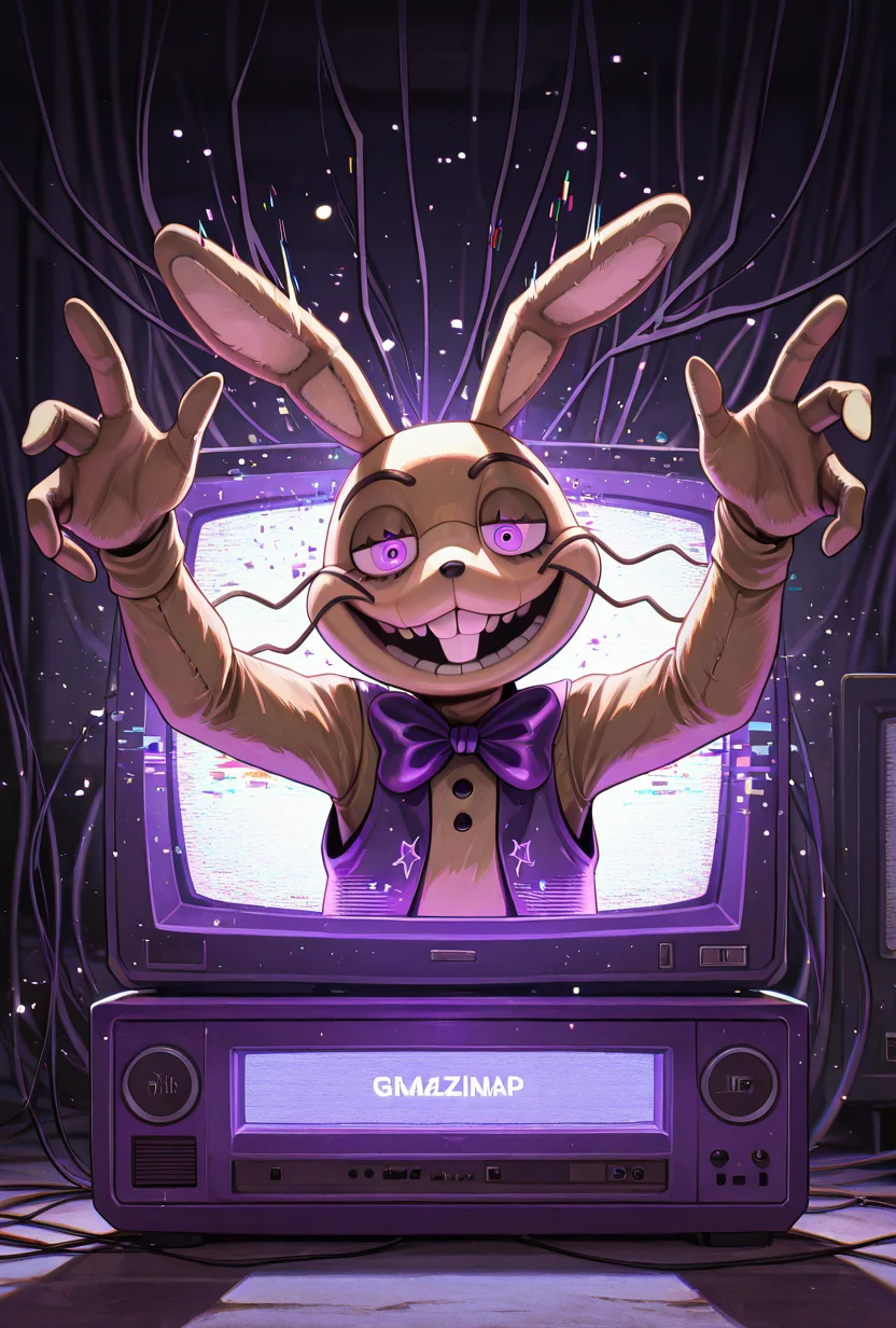 <lora:glitchtrap-04:1> glitchtrap, smile, purple bowtie, purple vest, , furry, 1boy, rabbit ears, dynamic pose, glitch effects, glitch particles , coming out of tv, crt tv, tv screen,, masterpiece, best quality, amazing quality, very aesthetic, absurdres, newest,