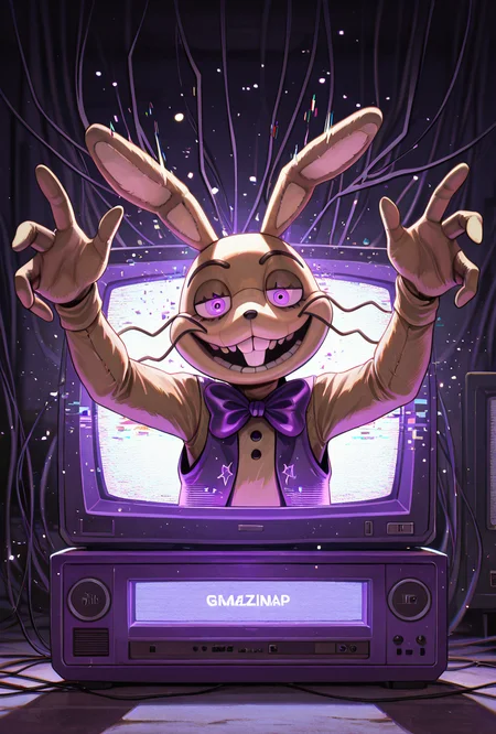 <lora:glitchtrap-04:1> glitchtrap, smile, purple bowtie, purple vest, , furry, 1boy, rabbit ears, dynamic pose, glitch effects, glitch particles  , coming out of tv, crt tv, tv screen,, masterpiece, best quality, amazing quality, very aesthetic, absurdres, newest,
