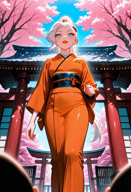 masterpiece, best quality, amazing quality, very aesthetic, absurdres, newest, ((screencap, parody, cartoon))
drewsat, 1girl, long hair, white hair, ponytail, blue eyes, makeup, lipstick, eyeshadow,
pink petals, falling metals
expressive face,
japanese village, walking in japan, japanese gate, orange kimono, from below, pink trees, foreground blur, depth of field,