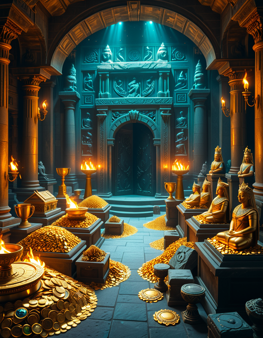 A hidden treasure chamber deep within an ancient temple, illuminated by the warm golden glow of torches and mystical blue light from enchanted crystals. The room is filled with piles of gold coins, jewel-encrusted goblets, and ancient artifacts covered in dust. Massive stone statues of forgotten deities guard the chamber, their eyes glowing faintly as if watching intruders. In the center, a grand pedestal holds a legendary artifactâan ornate golden crown encrusted with emeralds and sapphires, shimmering with an otherworldly aura. The walls are adorned with intricate carvings depicting lost civilizations, and creeping vines hint at centuries of abandonment. The atmosphere is mystical and slightly eerie, with a sense of both wonder and danger. The air is thick with the scent of aged parchment and burning incense, adding to the chamberâs ancient and mysterious feel. Cinematic lighting with dramatic shadows enhances the depth and richness of the scene, creating a visually stunning and immersive environment.
<lora:SDXLFaeTastic2400:0.4> <lora:extremely_detailed:0.4> extremely detailed, <lora:treasure_ch4mb3r:1>,treasure ch4mb3r, Masterpiece,best quality,hi res,8k,hi res,8k,award winning,(sharp focus, intricate, highly detailed),