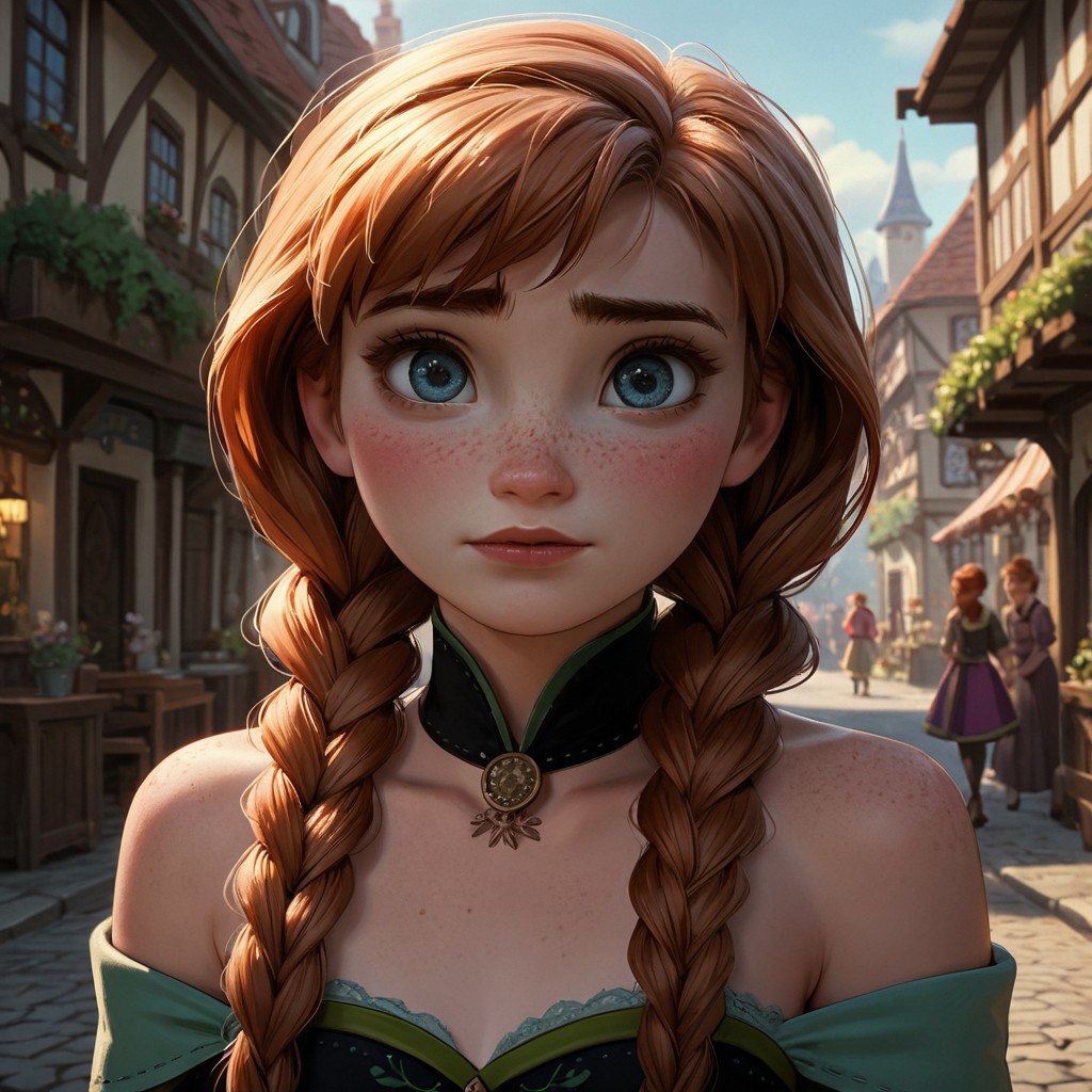 score_9, score_8_up, score_7_up, score_6_up, score_5_up, score_4_up, Anna, in a village, freckles, braid, red hair, exposed shoulders, blushing, portrait, twin braids