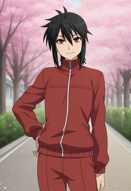 masterpiece,perfect quality,best quality,absolutely eye-catching,absurdres,highres,newest,anime coloring, anime screencap,(1girl,solo), Ichinose_Nagi, black hair, red eyes, androgynous, track jacket, red jacket, red pants, standing, hand on hip, looking at viewer, smile, closed mouth, school, outdoors, sakura trees, cherry blossoms