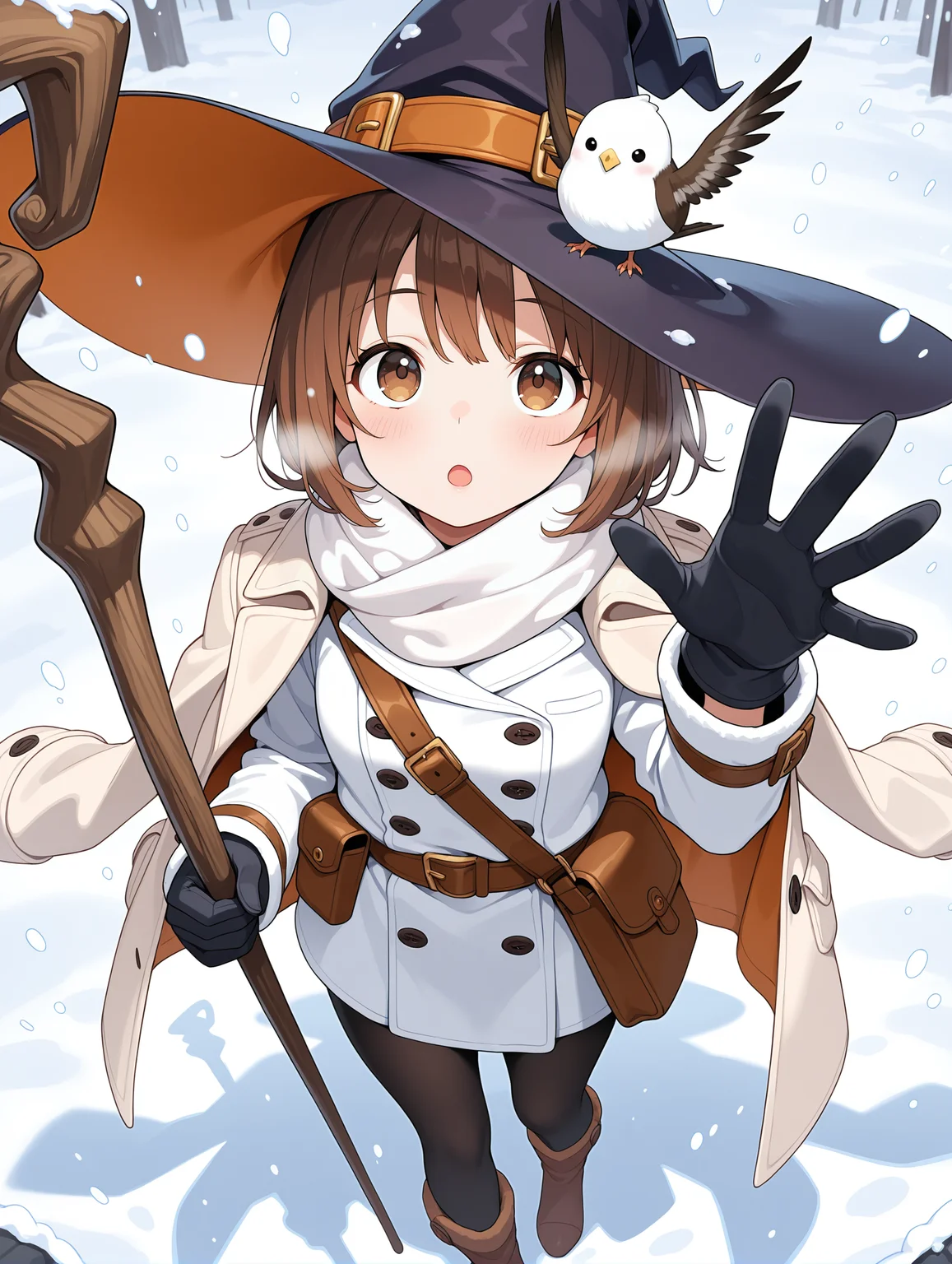 1girl, bag, bird on hat, black gloves, blush, brown eyes, brown hair, coat, coat on shoulders, gloves, witch hat, holding, holding staff, jacket, long sleeves, looking at viewer, open mouth, pouch, scarf, short hair, solo, staff, white jacket, white scarf,
from above, snowing, looking up, open hand, hand up,
,masterpiece,best quality,amazing quality,