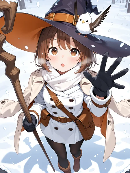 1girl, bag, bird on hat, black gloves, blush, brown eyes, brown hair, coat, coat on shoulders, gloves, witch hat, holding, holding staff, jacket, long sleeves, looking at viewer, open mouth, pouch, scarf, short hair, solo, staff, white jacket, white scarf,
from above, snowing, looking up, open hand, hand up,
,masterpiece,best quality,amazing quality,