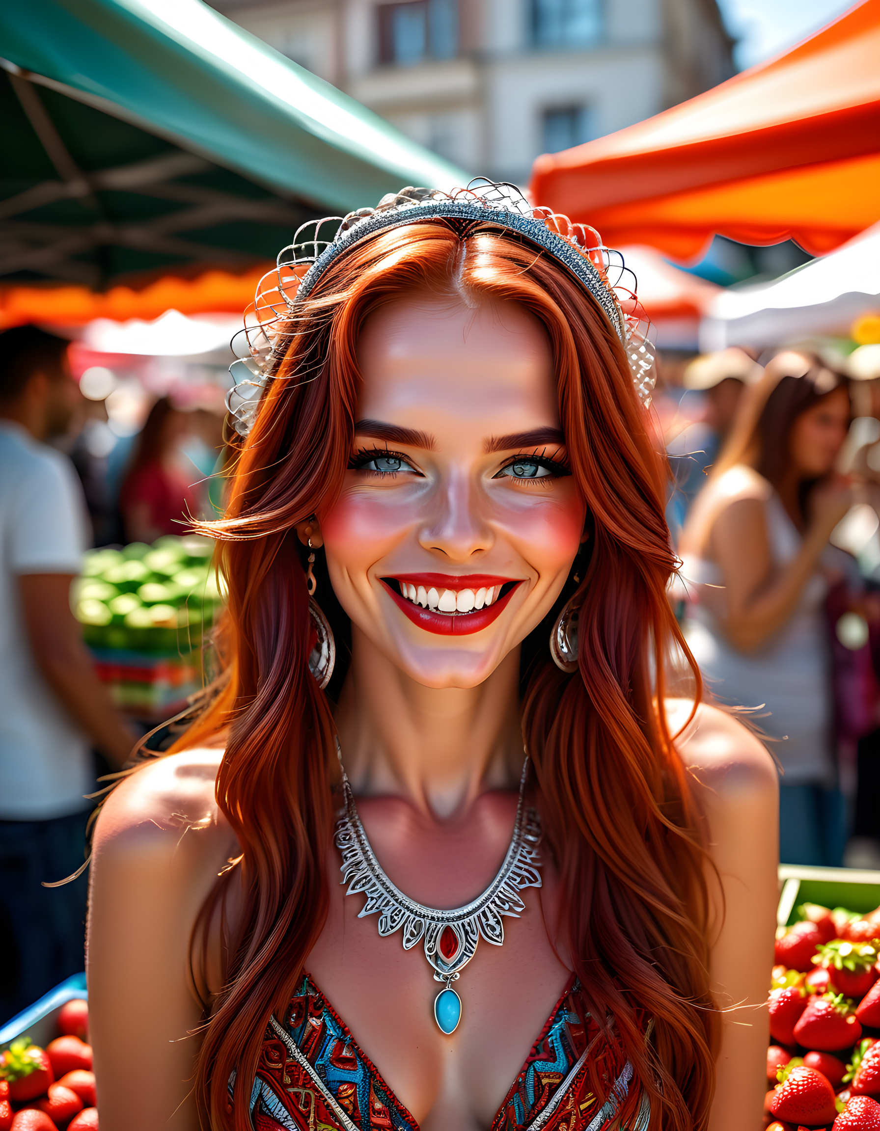 In a vibrant, open-air market under the radiant midday sun, a captivating woman with long, cascading auburn hair adorned in tasteful jewelry and wearing a striking c1nd1e outfit with intricate detailing, her eyes fixed on the viewer with a hint of mystery, flashes a confident smile revealing perfectly aligned teeth, her lips painted a bold red that matches the ripe strawberries displayed in a nearby market stall. The background is bustling with vendors, shoppers, and colorful displays, creating an energetic atmosphere that adds depth to this striking portrait. The camera angle is slightly above, capturing the woman's allure from a flattering perspective.