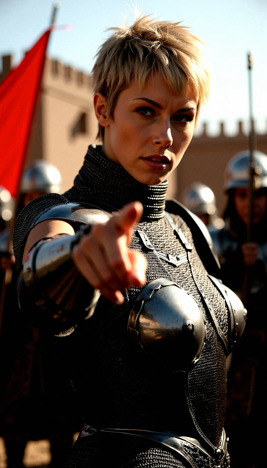 A striking commander 40-year-old woman with short, tousled blonde hair and piercing grey eyes. She wears a meticulously crafted chainmail that contours her muscular build and voluptuous figure. Her thin eyebrows and thicker lips give her an intense and captivating expression. She dons fingerless gauntlets, ready for action. The setting is a medieval fortress, with banners fluttering in the wind and the sound of clashing swords in the background. The lighting is dramatic, highlighting her strong features and the gleam of her chainmail.Pointing towards the battlefield with one hand, explaining or observing a formation or movement, with a serious expression.