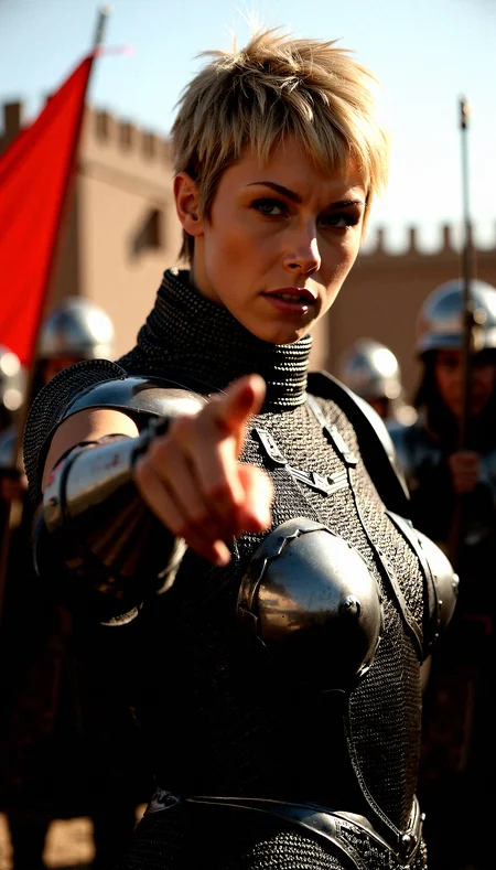 A striking commander 40-year-old woman with short, tousled blonde hair and piercing grey eyes. She wears a meticulously crafted chainmail that contours her muscular build and voluptuous figure. Her thin eyebrows and thicker lips give her an intense and captivating expression. She dons fingerless gauntlets, ready for action. The setting is a medieval fortress, with banners fluttering in the wind and the sound of clashing swords in the background. The lighting is dramatic, highlighting her strong features and the gleam of her chainmail.Pointing towards the battlefield with one hand, explaining or observing a formation or movement, with a serious expression.