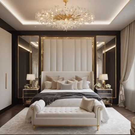 <lora:JJsLuxuryBedroom_XL:1>,  ((best quality)),((masterpiece)),((realistic)), (((Luxury Bedroom)))  , photorealistic, chair , authentic, soft lighting,indoor scenery, reflection ,wall ,rug , lamp, flower, vase , chair ,ceiling , plant, window ,curtain  ,couch, gold, dramatic lighting,