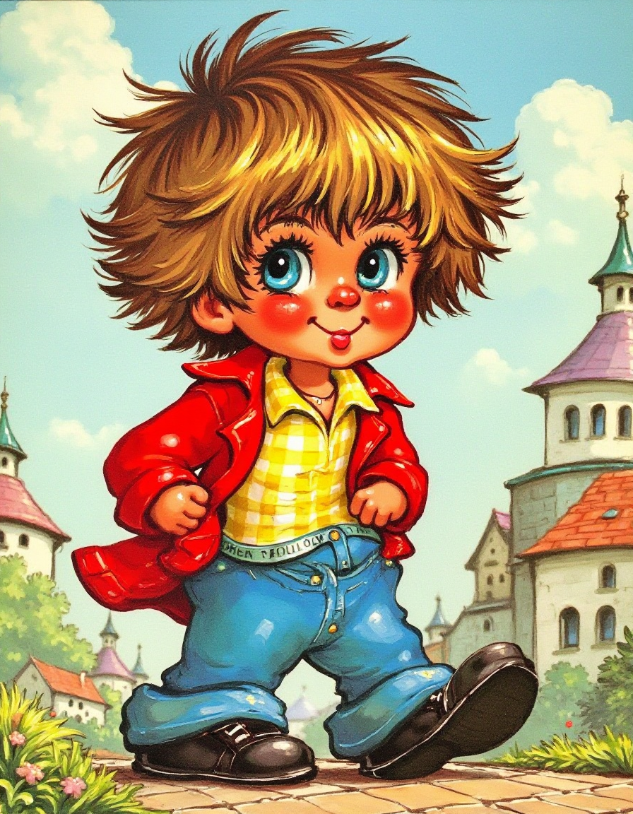 poulbot,. This image is a vibrant, whimsical painting in a cartoonish, exaggerated style, reminiscent of 1960s and 1970s children's book illustrations. The central figure is a young boy with a mop of tousled, light brown hair and large, expressive blue eyes. He has a cheerful, slightly mischievous expression. He is dressed in a bright red jacket, a yellow and white checkered shirt, and blue jeans.