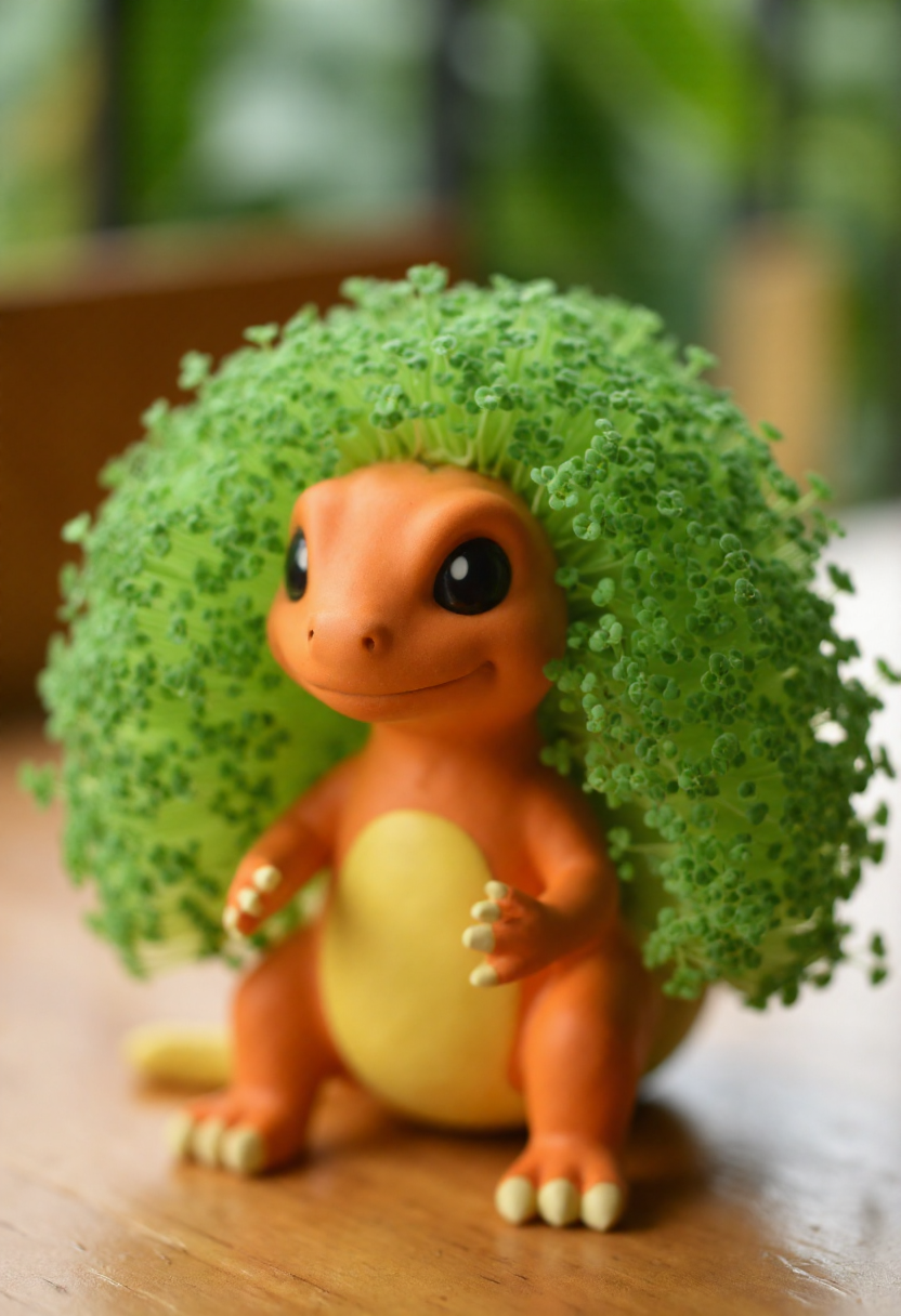 <lora:Chia_Pet_Planter_FLUX-000013:0.9>
Photograph of a terracotta color clay Charmander, adorned with a lush, vibrant green plant. It is is sitting on a table.
