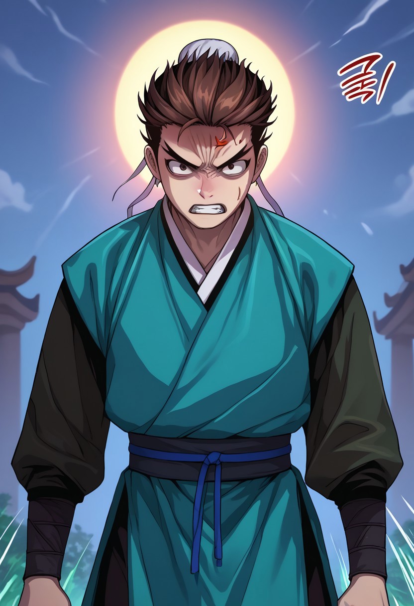 score_9, score_7_up, source_anime, 
mokyoo, 1boy, male focus, solo, brown eyes, brown hair, hair bun, single hair bun, bun cover, chinese clothes, hanfu, robe, green robe, shirt, brown shirt, long sleeves, teeth, angry, anger vein, parody,
outdoor, japan, sun,