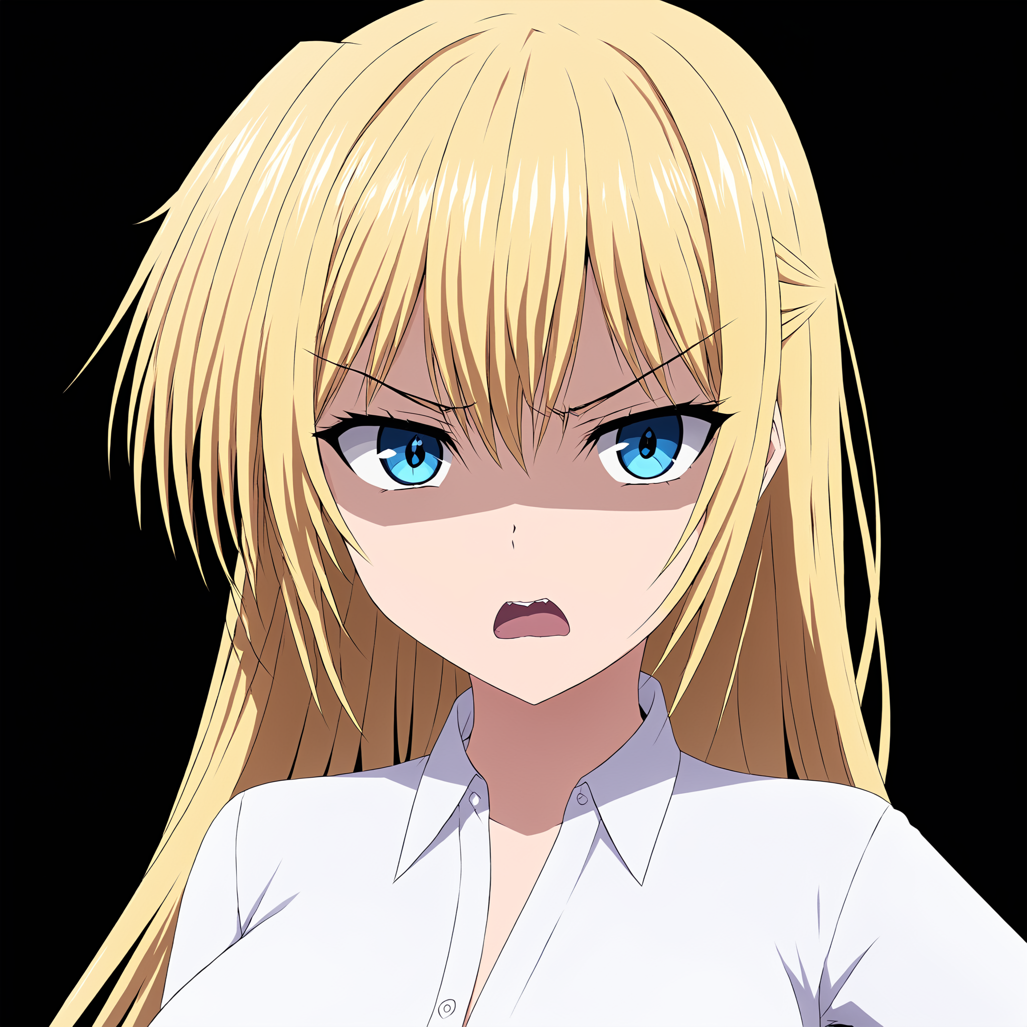 masterpiece, best quality,
<lora:heronever_astel.sdxl.v1:0.9>
aster, 1girl, solo, breasts, looking at viewer, open mouth, bangs, blue eyes, simple background, shirt, white shirt, upper body, dress shirt, black background, shaded face, turn pale, angry, disgust, half-closed eyes