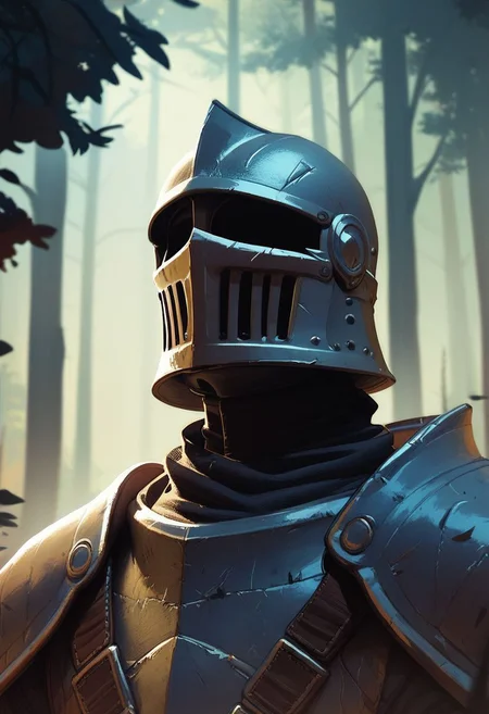 score_9, score_8_up, score_8, score_7_up, score_7, score_6_up, score_6, score_5_up, Score_5, strong templar knight, templar, knight, helmet, damaged armor, vox machine style, 1boy, male focus, solo, portrait, fantasy, forest background, (dynamic lighting:1.1)
((masterpiece))