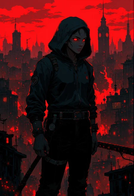 A rebellious figure, cloaked in a tattered, dark jumpsuit, stands at the edge of a dystopian cityscape under a dim, red-tinted sky. The city of Dema looms behind them, a labyrinth of towering structures, with ominous Bishops watching from the shadows. The figure’s expression is a mix of defiance and determination as they gaze eastward, toward a distant, flickering light symbolizing hope and freedom. In the background, flames rise, representing the chaos and the figure's inner turmoil. The jumpsuit they wear appears both heavy and weightless, as if it’s the only thing anchoring them to reality. Despite the darkness, there's a sense of unity and resistance in the air, with other Banditos subtly emerging from the shadows, ready to rise against Dema. The overall atmosphere is one of tension and surrealism, capturing the essence of a fractured mind fighting for liberation.
