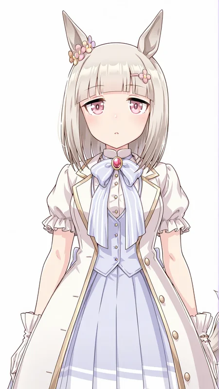 1girl,<lora:happy_meek:0.8>,happy meek \(umamusume\),braid,bangs,brown eyes,animal ears,horse tail,horse girl,ponytail,yellow eyes,long hair,bob cut,purple eyes,light brown hair,grey hair,medium hair,horse ears,pink eyes,red eyes,white hair,short hair,blonde hair,hairclip,hair flower,blunt bangs,frilled sleeves,blue bowtie,boots,dress shirt,puffy short sleeves,brooch,white gloves,white footwear,blue skirt,white shirt,blue vest,jewelry,collared shirt,open clothes,pleated skirt,open jacket,white jacket,striped bowtie,(cowboy shot:1.4),open mouth,smile,pose,expressionless,