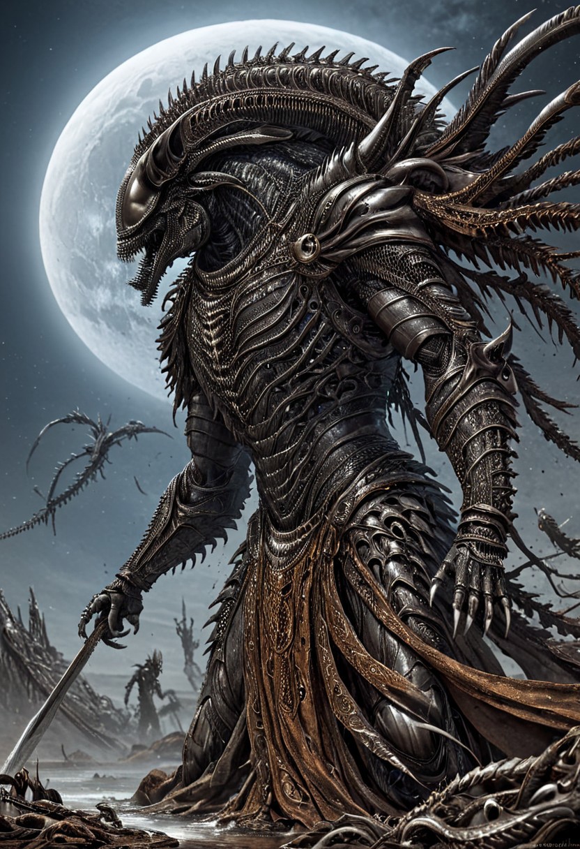 A fantastical image of a silver Xenomorph knight, clad in flowing, flowing robes, wielding an ornate, ornate blade. they wield the sword in a fluid, dynamic motion. The moon's reflection highlights their magical power, solo, wide angle, art by hr giger, Rusted, rusted landscape,