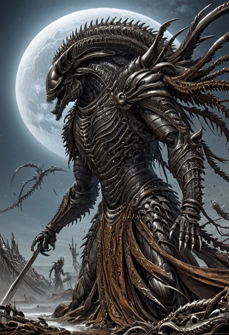 A fantastical image of a silver Xenomorph knight, clad in flowing, flowing robes, wielding an ornate, ornate blade. they wield the sword in a fluid, dynamic motion. The moon's reflection highlights their magical power, solo, wide angle, art by hr giger, Rusted, rusted landscape,