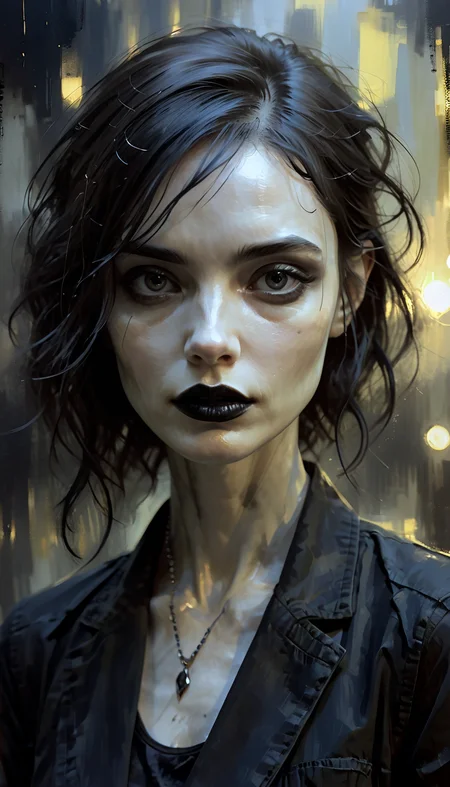 positiv Clip L:
ink painting style of Casey Baugh, an award-winning painting, close-up, complete face, skinny, Gothic, woman
positiv Clip G:
ink painting style of Casey Baugh, an award-winning painting, an impressive close-up of the face of a skinny Gothic woman that captivates the viewer. Her pale, porcelain-like skin appears almost supernatural, while her dark eyes exude depth and penetration. The fine details of her face are accentuated by the interplay of light and shadow, highlighting her distinctive features. The dark lips lend a mysterious sensuality to her expression. This close-up captures the intensity and captivating allure of Gothic aesthetics in a single moment