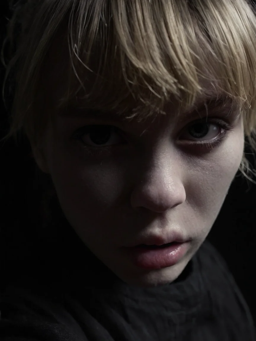 Cinematic fashion photograph Adeera_Addams_P_MXAI_SDXL , angry expression, extreme closeup shot, black background,