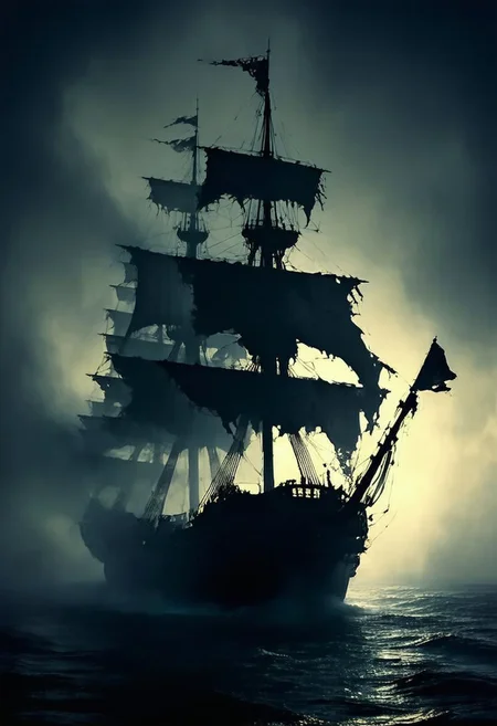 silhouette art, masterpiece, a pirate ghost ship, tattered rigging, tattered black sails, jolly roger flag, materialises from the mist in the darkness, HD32K, wallpaper, hyperdetailed