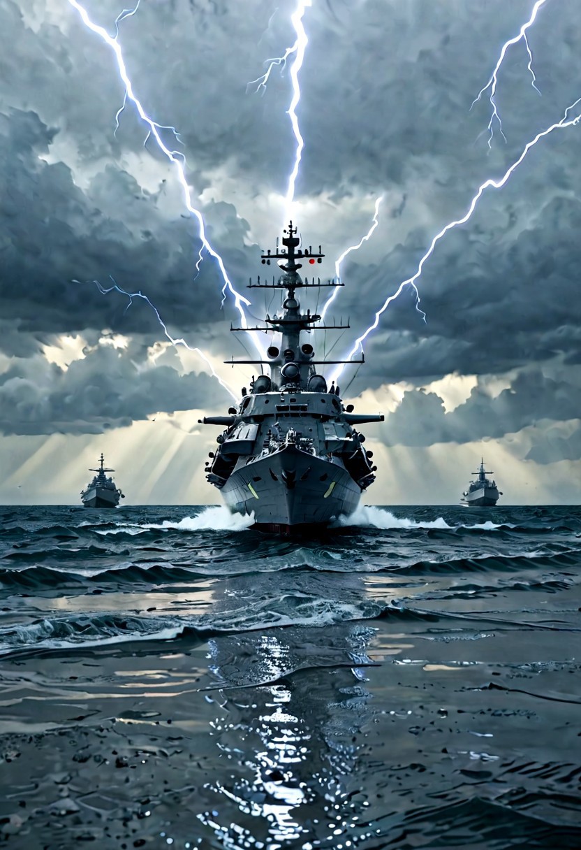 a fleet of super dreadnought battleships at anchor on a deserted fjord, vertically mirrored imagery,Reflections, perfect symmetry in the style of kaitlynn peavler and dreamscape, high quality, highly detailed, high coherence, intricate, elegant, sharp focus, octane render, trending on artstation, calm water, the calm before the storm,  storm in background, lightning bolts