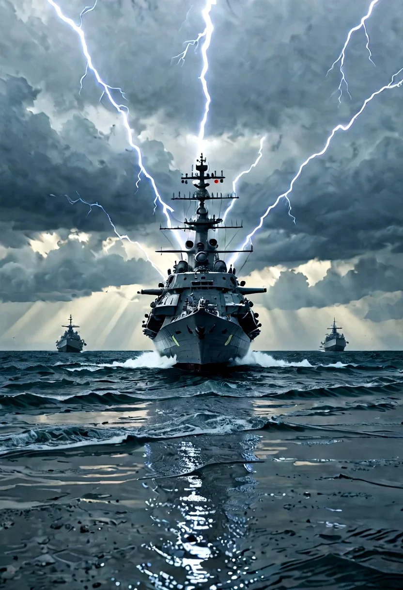 a fleet of super dreadnought battleships at anchor on a deserted fjord, vertically mirrored imagery,Reflections, perfect symmetry in the style of kaitlynn peavler and dreamscape, high quality, highly detailed, high coherence, intricate, elegant, sharp focus, octane render, trending on artstation, calm water, the calm before the storm,  storm in background, lightning bolts