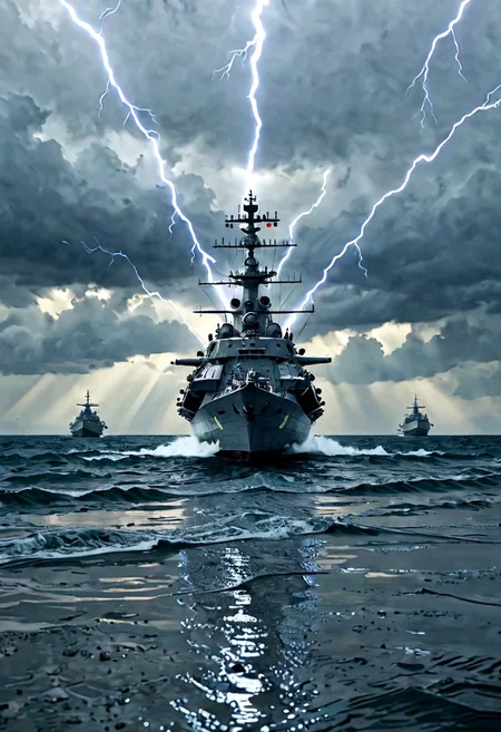 a fleet of super dreadnought battleships at anchor on a deserted fjord, vertically mirrored imagery,Reflections, perfect symmetry in the style of kaitlynn peavler and dreamscape, high quality, highly detailed, high coherence, intricate, elegant, sharp focus, octane render, trending on artstation, calm water, the calm before the storm,  storm in background, lightning bolts