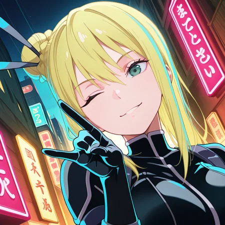 (looking at viewer:1.3),<lora:IL_Nancy_Lee:1>,nin_sly_n,nancy lee,blue eyes,single hair bun,japanese hair stick,
highleg rider_suit,Thigh high boots,utility belt,
fox_shadow_puppet,
1girl,solo,with a golden hue,backlighting,night,moonlight,city lights,neon lights,dutch angle,close-up of face,looking at viewer,one eye closed,hand up,head tilt,upper body,close-up of face,smile,, masterpiece,best quality,amazing quality,very aesthetic,absurdres,