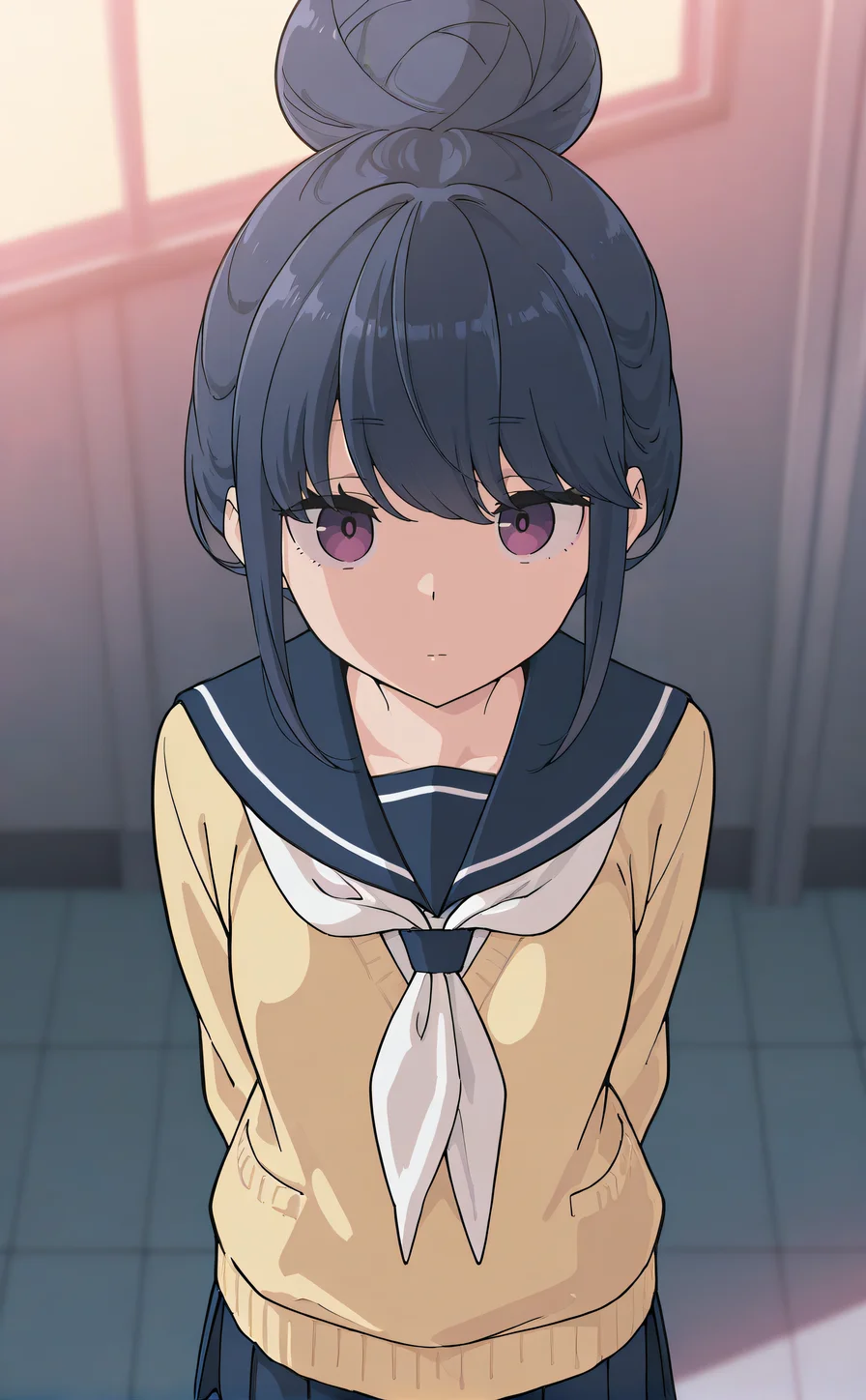 masterpiece, best quality, amazing quality, very aesthetic, absurdres, newest, bright colors, anime screencap, official style, 1girl, solo, <lora:IL_Shima_Rin:1>, shimarin, hairbun,hairbun, school uniform, yellow sweater, sailor collar, white neckerchief, blue skirt, pleated skirt, black pantyhose, looking at viewer, expressionless, arms behind back, from above, cowboy shot
masterpiece, best quality, amazing quality, very aesthetic, absurdres, newest, bright colors