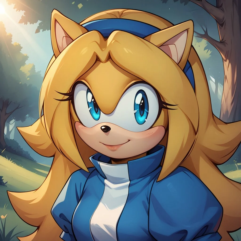 score_9, score_8, BREAK, maria_robotnik, sonic_(series), hedgehog_girl, blonde_hair, blue_hairband, blue_eyes, blue_dress, white_gloves, blue_footwear, sexy pose, self portrait, smile, outdoors, sunlight, shadows, evening lighting, natural lighting, forest, trees, grass, orange sky, sunset