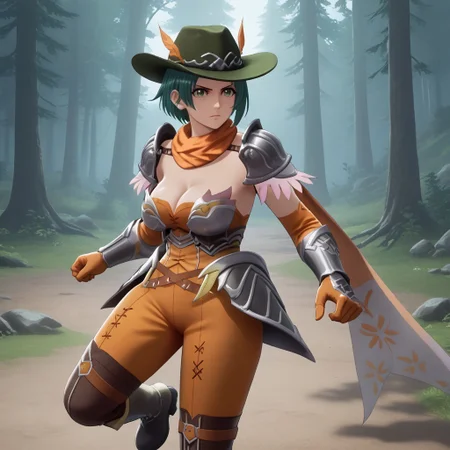 safe_pos, mercenaryf, solo, 1girl, medea, armor, hat, orange clothing, shoulder armor, gloves, boots, scarf, green hair, short hair, cleavage, large breasts, battle pose, swinging a longsword in a forest, medea attacking with a sword