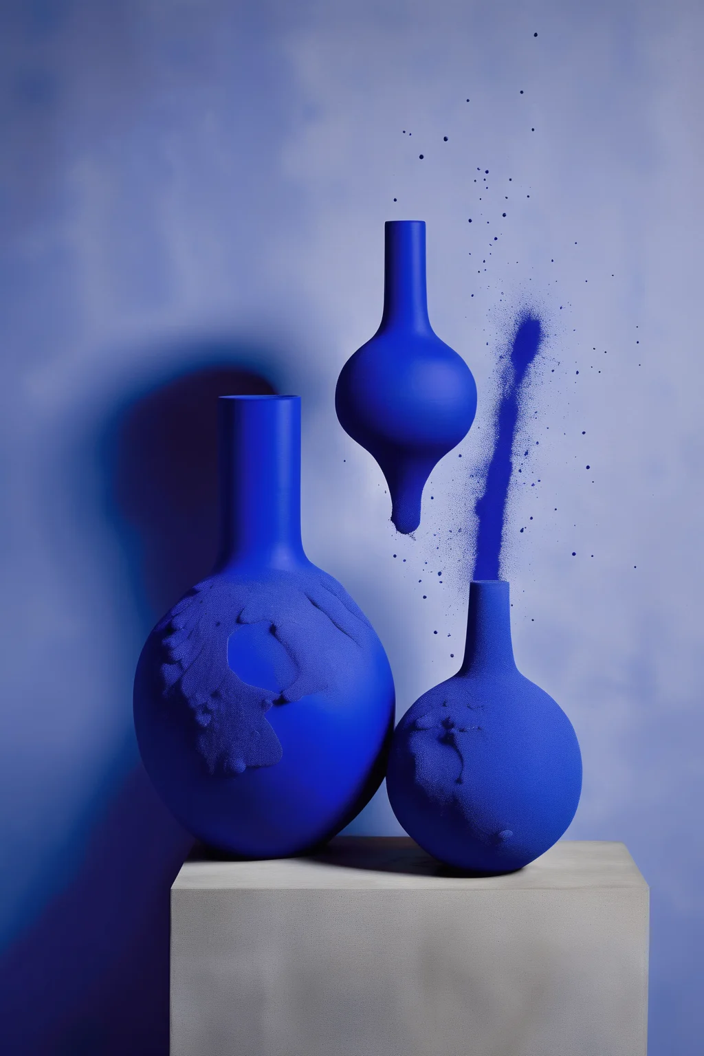 <lora:Yves Klein Style:1>Yves Klein Style - a beautiful yves Klein blue ceramic vessel inspired By organic shapes and sacred geometries filled with ultramarine pigment powder in a studio
