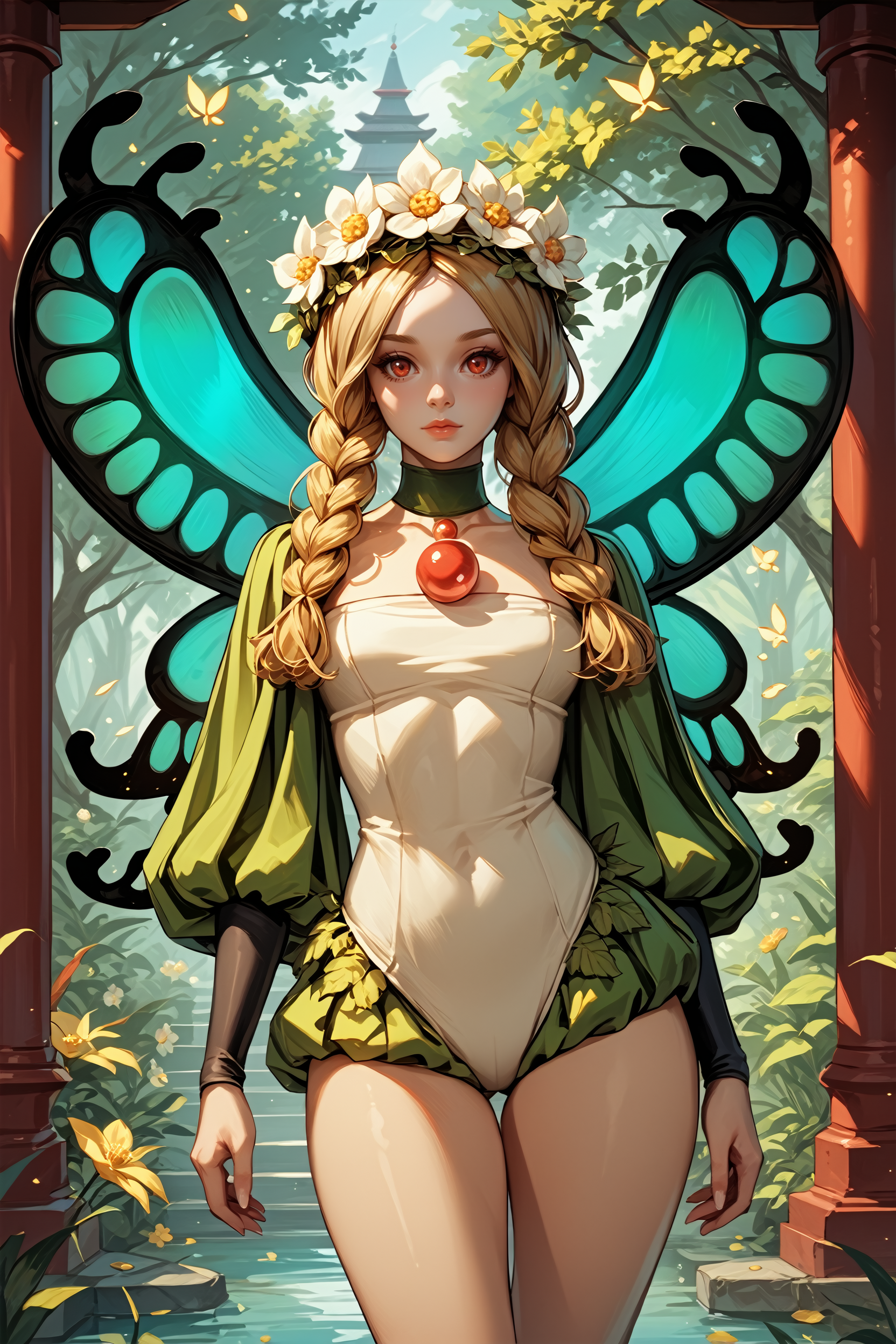 score_9, score_8_up, score_7_up,
<lora:OdinSphereMercedes:0.9>
OdinSphereMercedes, 1girl, blonde hair, twin braids, red eyes, flower crown, fairy wings, looking at viewer, stands in a dimly lit, sacred shrine