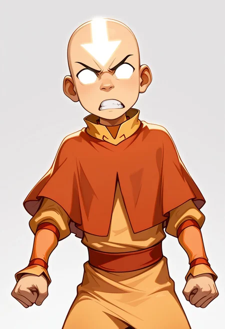 masterpiece, absurdres, high quality, perfect anatomy, 1boy, solo, cute boy, male focus, angry, teeth clenched, Aang, bald, Avatar state, Glowing White Eyes, no pupils, Glowing White Facial Marking, Glowing White Arrow (Symbol) Tattoo On Forehead, Air Nomad Outfit, Yellow Shirt, Long Sleeves, Orange Capelet, Orange Sash Belt, Yellow Pants, simple background,