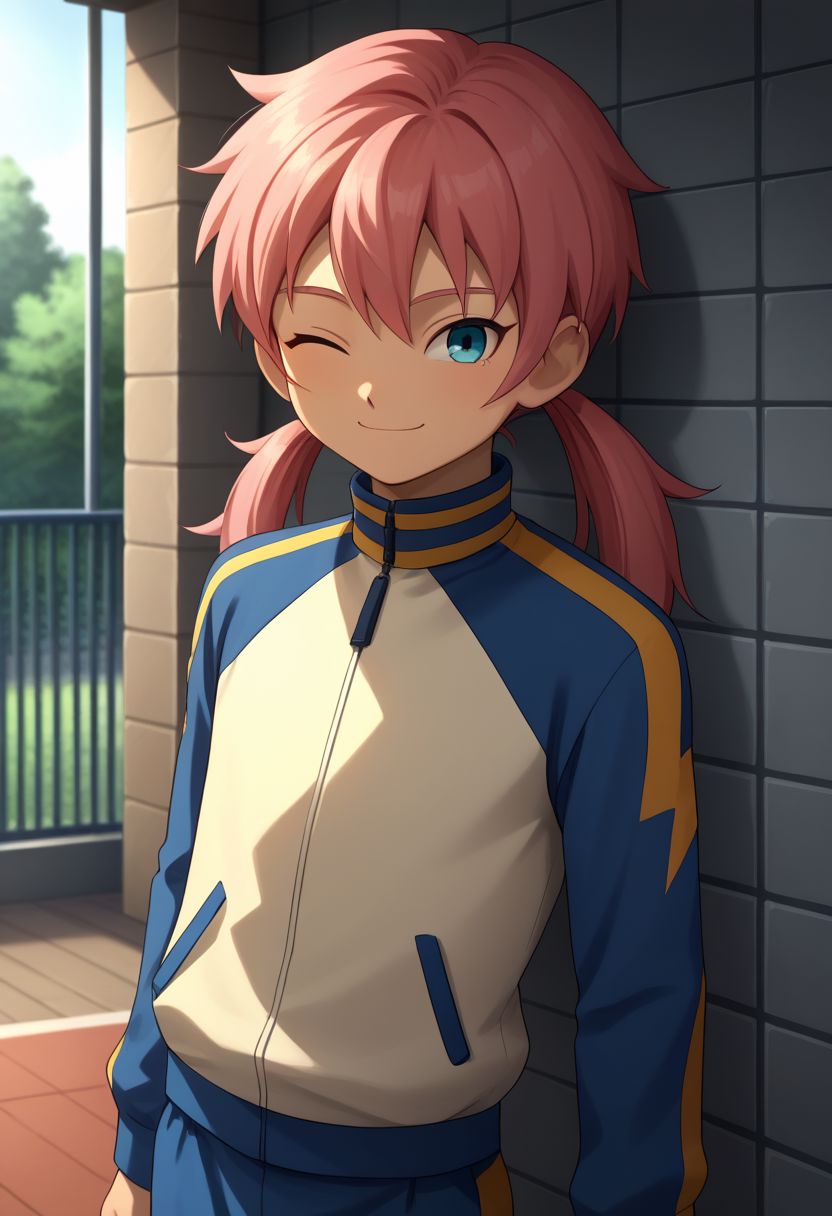 score_9, score_8_up, score_7_up, source_anime, highly detailed, 1boy, solo, male_focus, skinny, slender, cute, 
gabi_ina, male focus, 1boy, solo, twintails, pink hair, blue eyes,  track jacket,  jacket, smile, raimon, long hair, track suit, wink,
