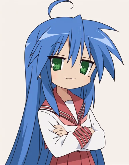 score_9, score_8_up, score_7_up, source_anime, <lora:konata-izumi-s1-ponyxl-lora-nochekaiser:1>, konata izumi, long hair, very long hair, green eyes, blue hair, ahoge, mole, mole under eye,, skirt, long sleeves, school uniform, pleated skirt, serafuku, sailor collar, neckerchief, red skirt, ryouou school uniform,, museum, art exhibit, paintings, observing, quiet contemplation, cultural experience, , crossed arms, smug, looking at viewer, solo,, dutch angle, cowboy shot