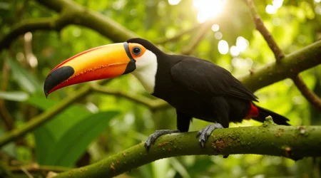 A vibrant, eye-level photograph of a single Ramphastos toco, or toco toucan, perched on a lush green branch.
Capture the toucan's striking black and white plumage, large orange bill, and the intricate details of its feathers.
The background should be softly blurred, suggesting a tropical rainforest environment with hints of other green foliage.
The lighting should be natural and warm, highlighting the colors of the toucan and creating a harmonious scene.