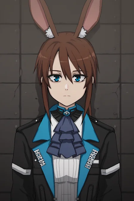 1girl, solo, concrete wall, <lora:SignalisArtStyle:1.0> SignalisArtStyle, portrait, <lora:Amiya_XL:1.0> brown hair, long hair, sidelocks, low ponytail, rabbit ears, blue eyes, ascot, blouse, jacket,