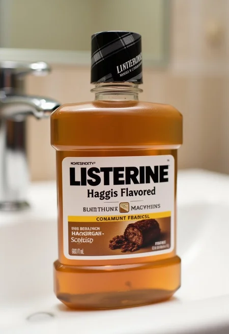 A bottle of Listerine, the label prominently featuring the text 'Haggis Flavored' in bold letters, with a small, detailed image of a traditional Scottish haggis near the bottom of the label. The liquid inside the bottle is a murky, off-brown color. The design mimics classic Listerine branding, but with subtle tartan patterns around the cap for a Scottish touch. The bottle sits on a pristine white bathroom sink, and the background is slightly blurred to highlight the ridiculous product