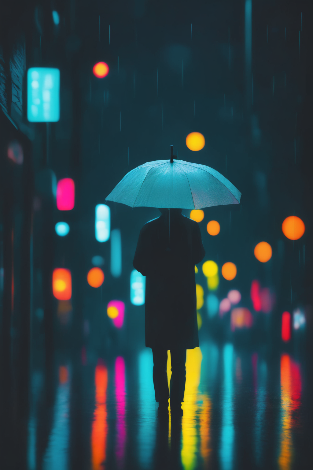 <lora:Neon Night:1>Neon Night - a person holding an umbrella on a rainy night
