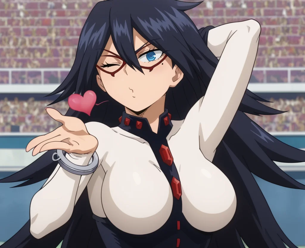 score_5_up, score_4_up, 2d, anime screencap, solo focus, <lora:Midnight_MHA:0.8>, midng1, 1girl, blue eyes, large breasts, black hair, long hair, thighhighs, belt, mole under eye, domino mask,, garter straps, handcuffs, hair between eyes, ringed eyes, bodysuit, blowing kiss, looking at viewer, one eye closed, close up, heart, arm behind head, arm up, <lora:frieren_blowing_a_kiss_pony:0.8>