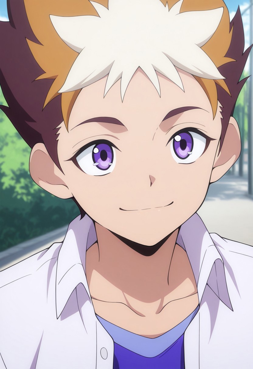 masterpiece,best quality,amazing quality, source_anime,
SubaruMakabe, 1boy, male focus, solo, purple eyes, multicolored hair, brown hair, white hair, collarbone, shirt, purple shirt, white shirt, collared shirt, open shirt, smile, outdoor, portrait,