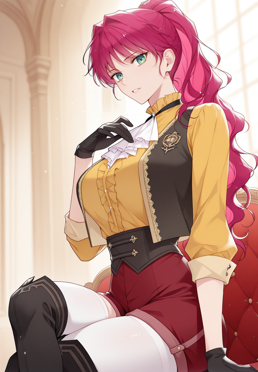 zPDXL3, score_9_up, score_8_up, score_7_up, ,Masterpiece,(perfect female body:1.2), small waist, (incredibly detailed:1.4), beautiful fingers, (large breasts:1.4)  looking at viewer, huge breasts, <lora:Penelope_Eckhart_-_Death_Is_the_Only_Ending_for_the_Villainess-Kaleid_Illustrious:1> penelopeeckhart, 1girl, long hair, green eyes, pink hair, red shorts, shirt, black thigh boots, white thighhighs, yellow shirt, black gloves, ponytail, vest, pantyhose, sitting, crossed legs,